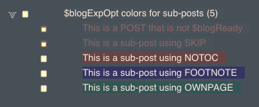 How the four strong export options (for sub-posts only) affect appearance inside Outline View. How the four strong export options (for sub-posts only) affect appearance inside Outline View.