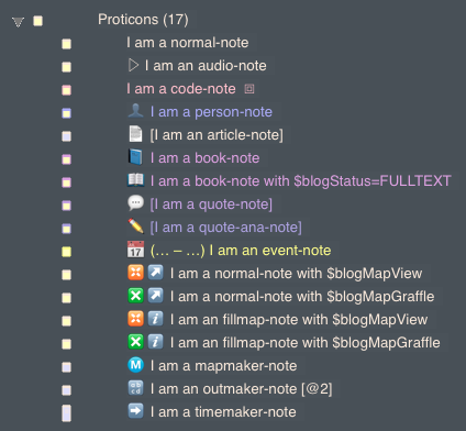 Your content prototypes and their Proticons. If your color memory is good and you want to turn the Proticons off, just run the ⬍ Show Icon stamp on the note or its prototype. Your content prototypes and their Proticons. If your color memory is good and you want to turn the Proticons off, just run the ⬍ Show Icon stamp on the note or its prototype.